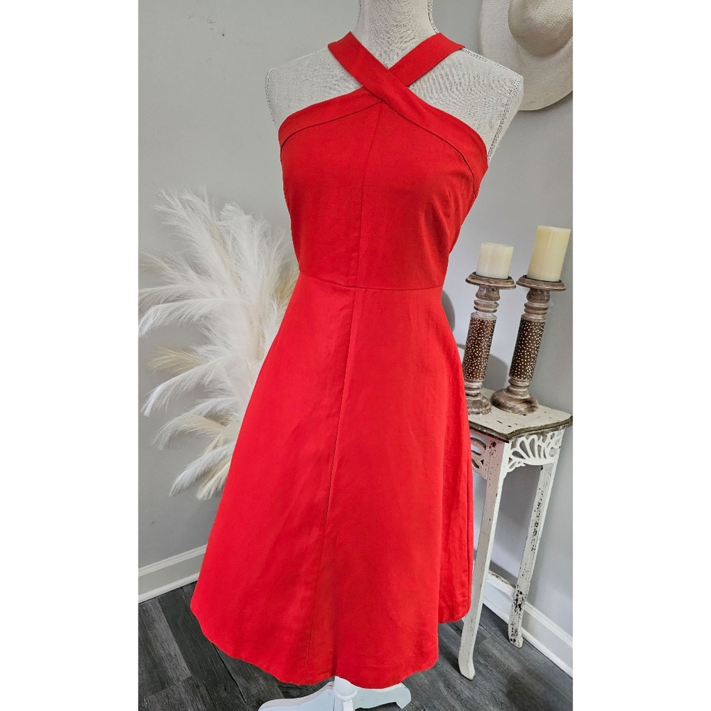 Ann Taylor Red Sleeveless Halter A-Line Blend Linen Midi Petite Dress